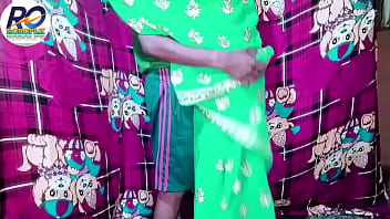 Desi aunty and nephew fucked together, removed green saree and blouse and fucked, Hindi audio